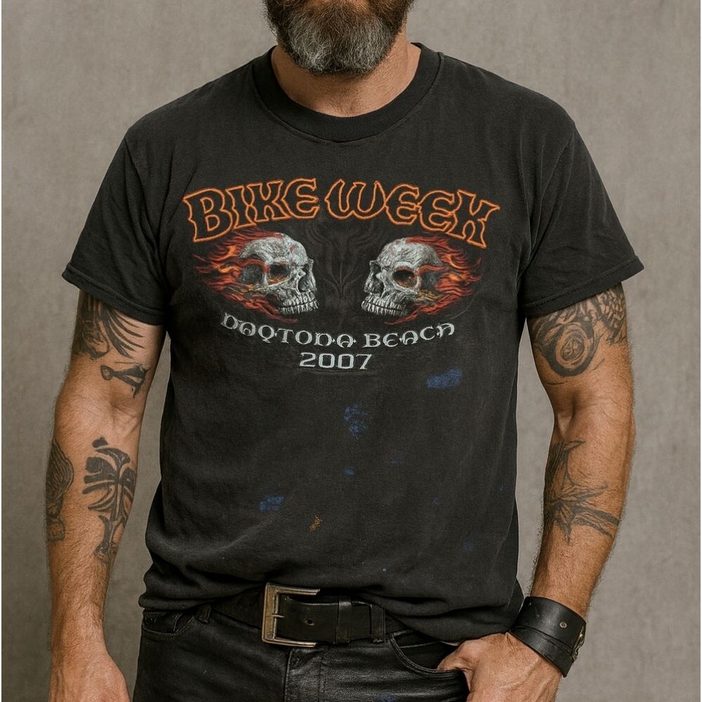 2007 Daytona Beach Bike Week Flames Skull Graphic T-Shirt L Thrashed Bikercore